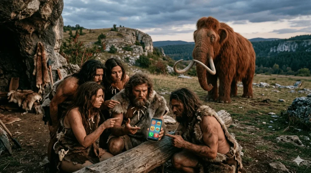 Pračlověk objednává jídlo online, v pozadí stojí mamut.